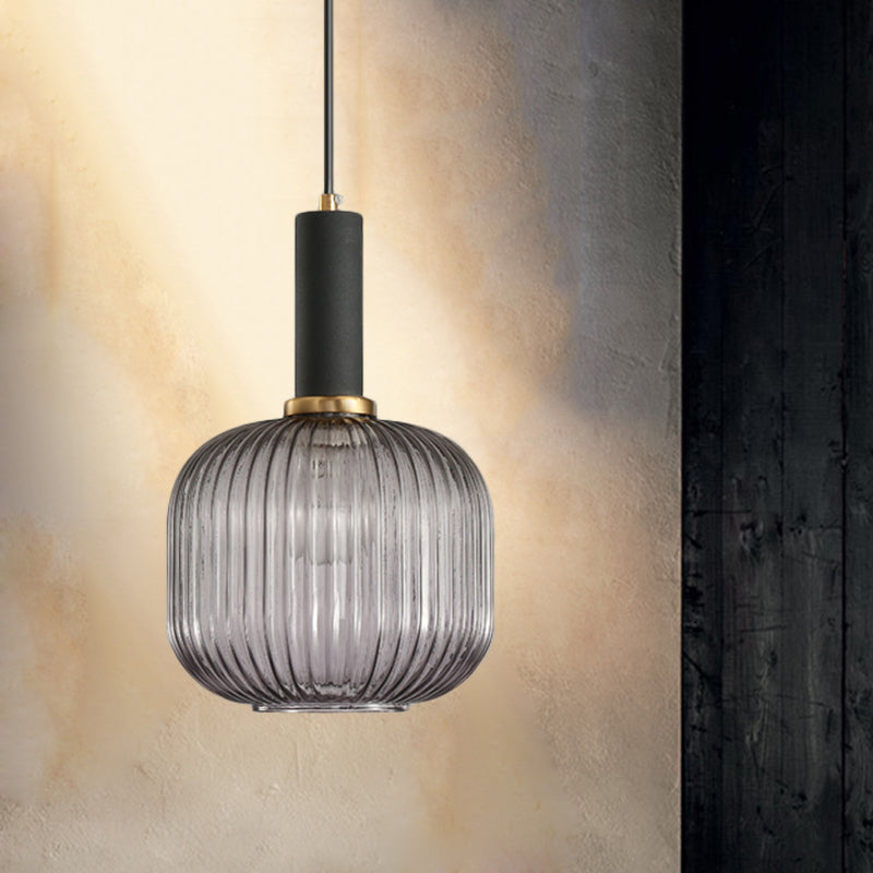Black/Gold Cylinder/Oval/Capsule Pendant Lamp Modernist 1 Light Grey/Green/Amber Ribbed Glass Ceiling Light Fixture for Kitchen Clearhalo 'Ceiling Lights' 'Glass shade' 'Glass' 'Modern Pendants' 'Modern' 'Pendant Lights' 'Pendants' Lighting' 598292