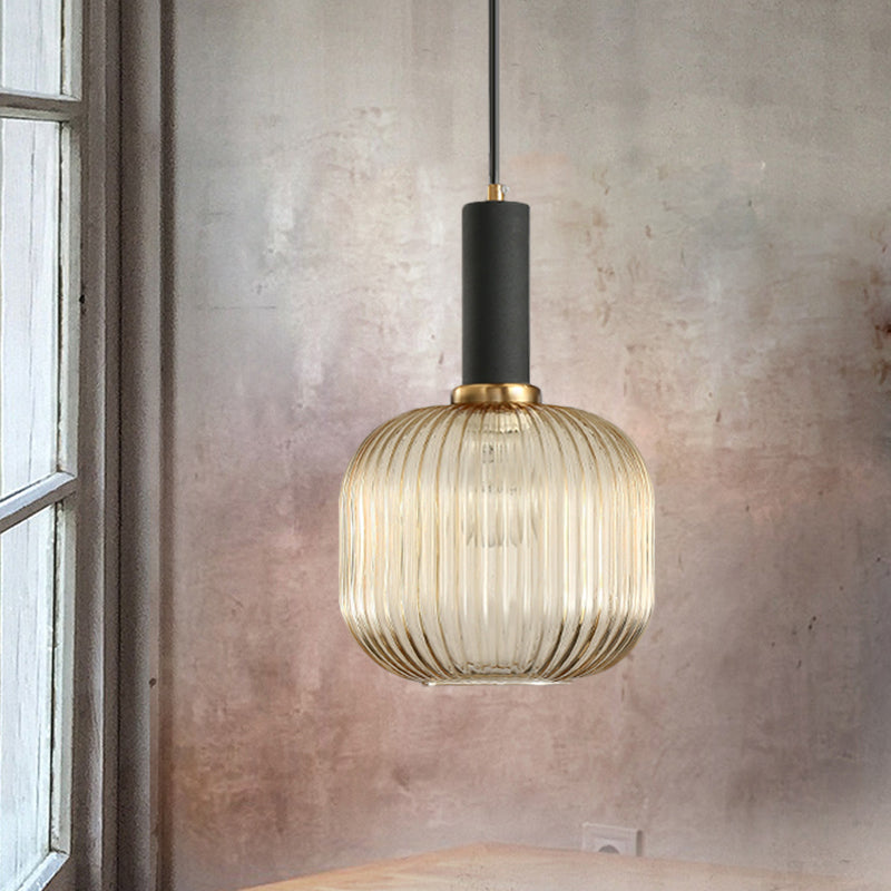 Black/Gold Cylinder/Oval/Capsule Pendant Lamp Modernist 1 Light Grey/Green/Amber Ribbed Glass Ceiling Light Fixture for Kitchen Black Amber Capsule Clearhalo 'Ceiling Lights' 'Glass shade' 'Glass' 'Modern Pendants' 'Modern' 'Pendant Lights' 'Pendants' Lighting' 598310