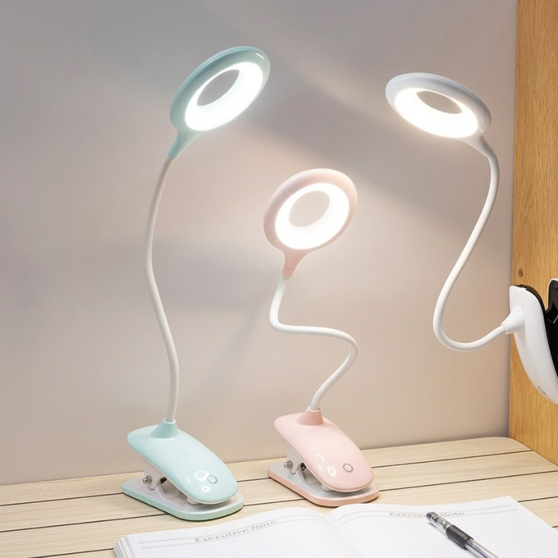 Versatile USB Rechargeable Clip-On Lamp with Adjustable Neck and Touch Control Brightness