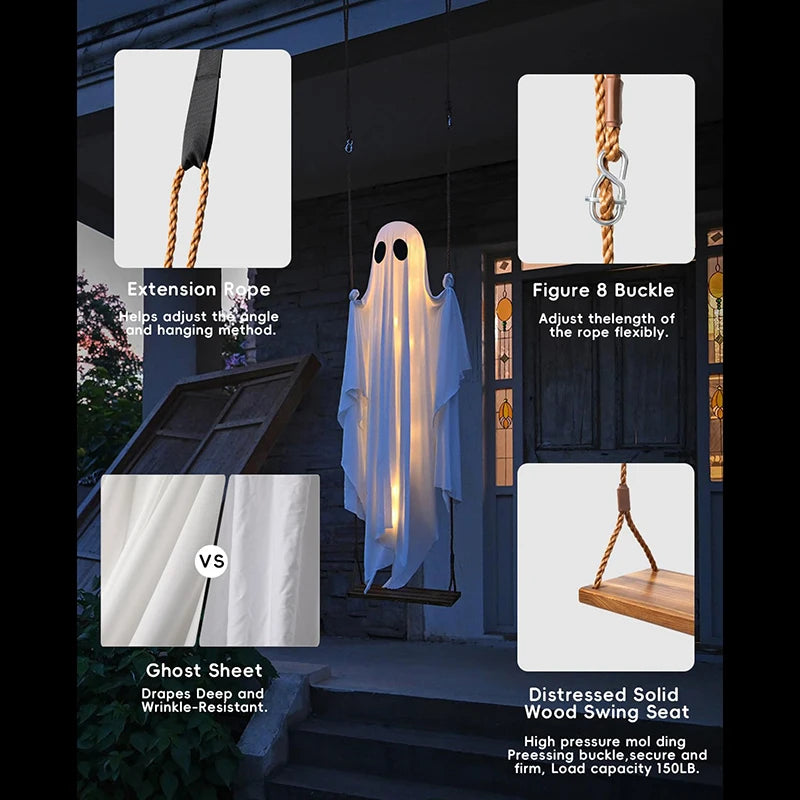 LED Light-Up Ghost Decoration for Halloween with Swing Feature
