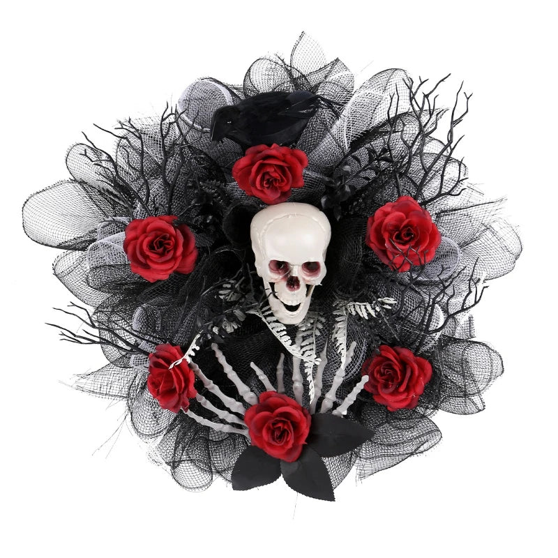 Skull and Red Rose Halloween Wreath for Front Door Decoration