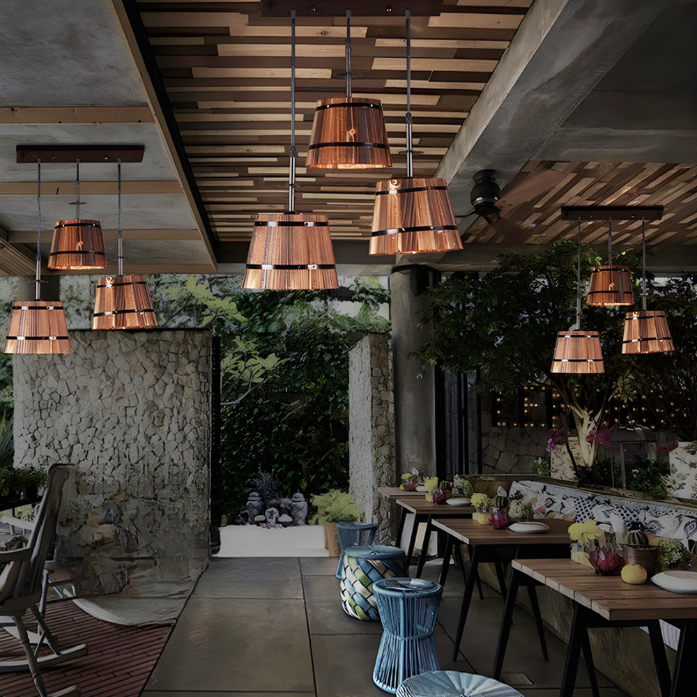 1/3-Light Rustic Wood Bucket Shade Pendant Lighting for Taavita Bar