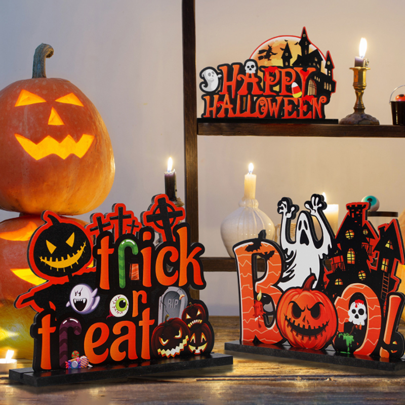 Halloween Wooden Table Decoration with Pumpkin and Spooky Motifs