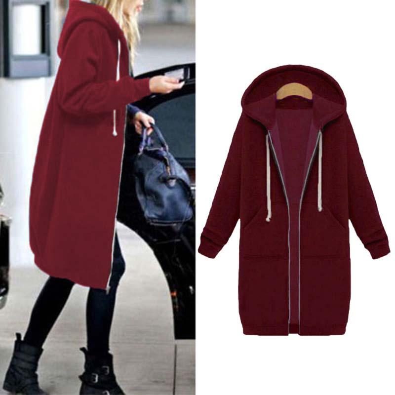 Longline Hooded Sweatshirt Coat | Zipper & Pockets | Polyester Fabric | Winter Warmth
