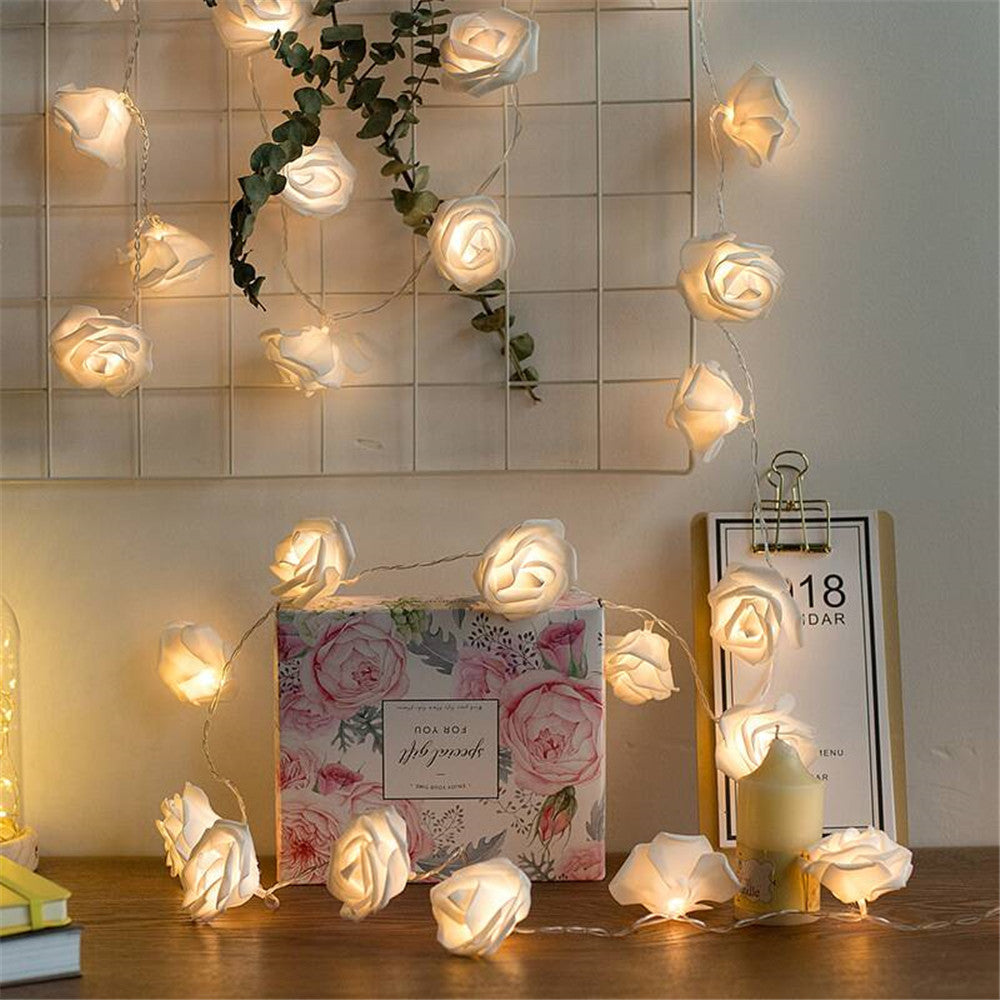 Warm White LED Rose String Lights - Battery Operated Flower Fairy Lights, 5-20ft, 10-40 LED Heads, White Foam or Frosted Roses, Romantic Indoor Decor