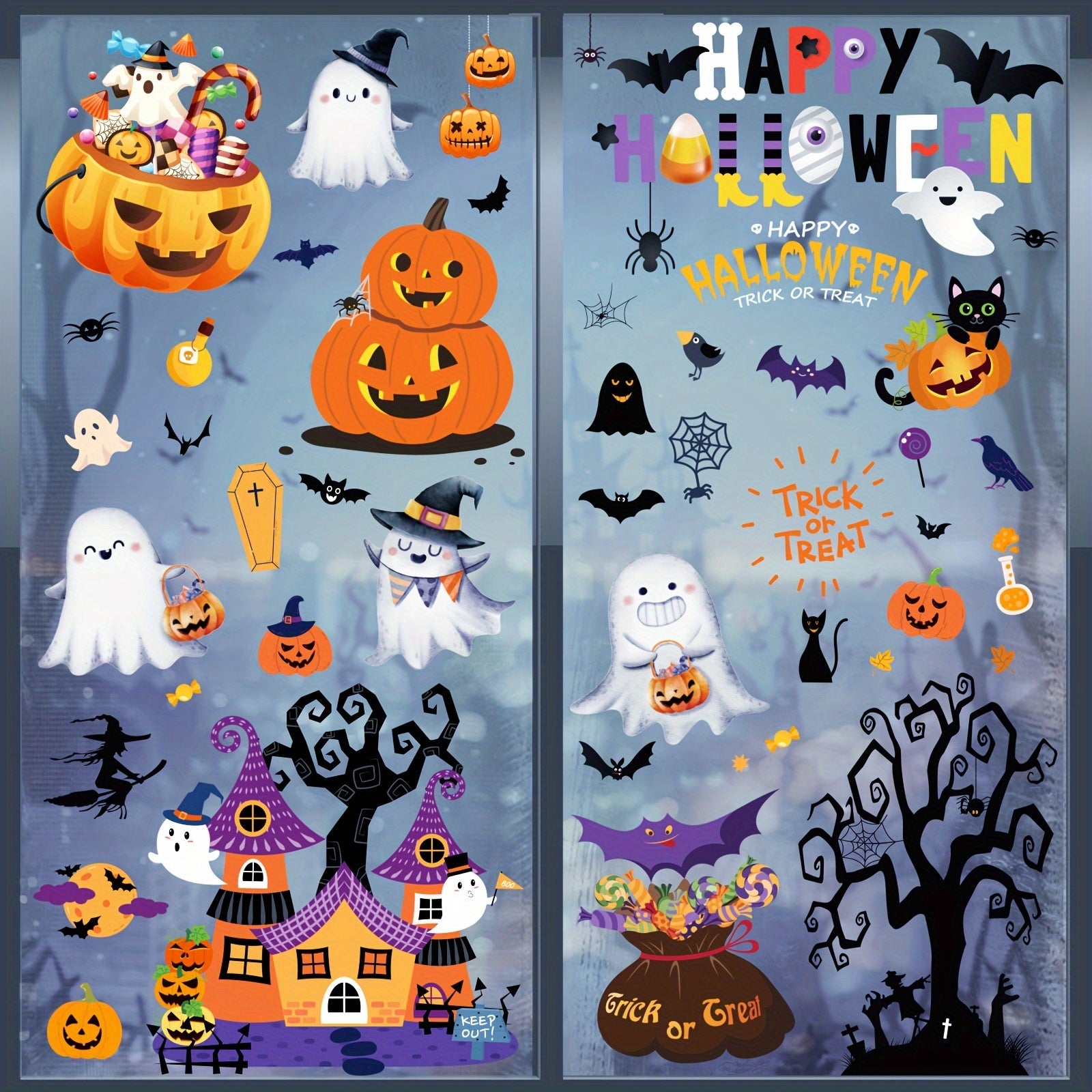 Reusable Halloween Window Clings - Spooky Bats & Pumpkin Decorations - 172 pcs