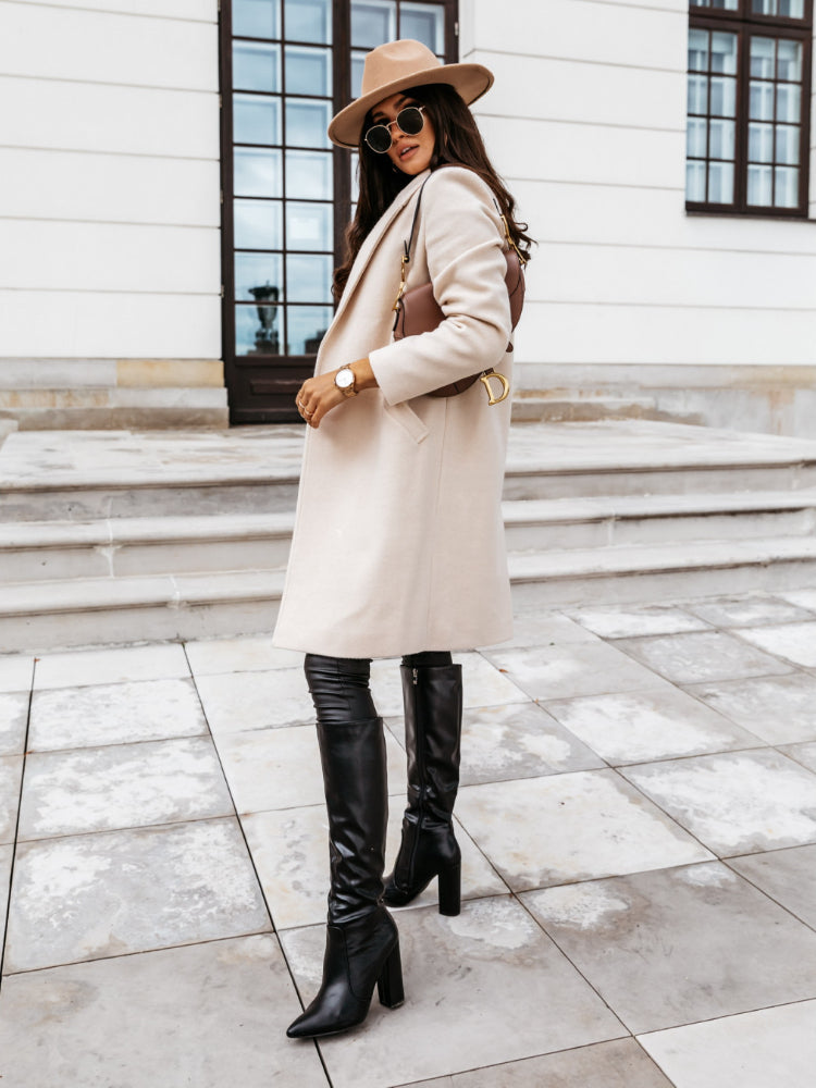 Women’s Knee-Length Coat | Notch Lapel & Single Button Closure | Durable Polyester | Autumn Winter Wear