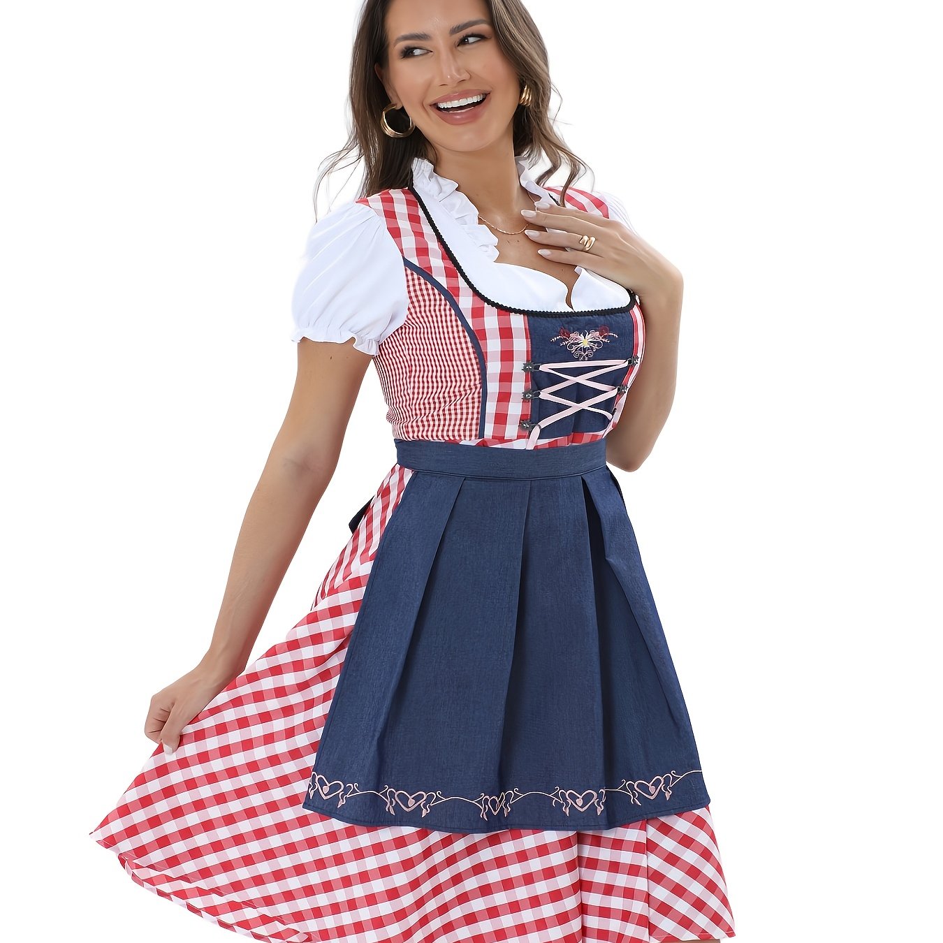 Women's Oktoberfest Dirndl Dress with Traditional Plaid and Embroidery