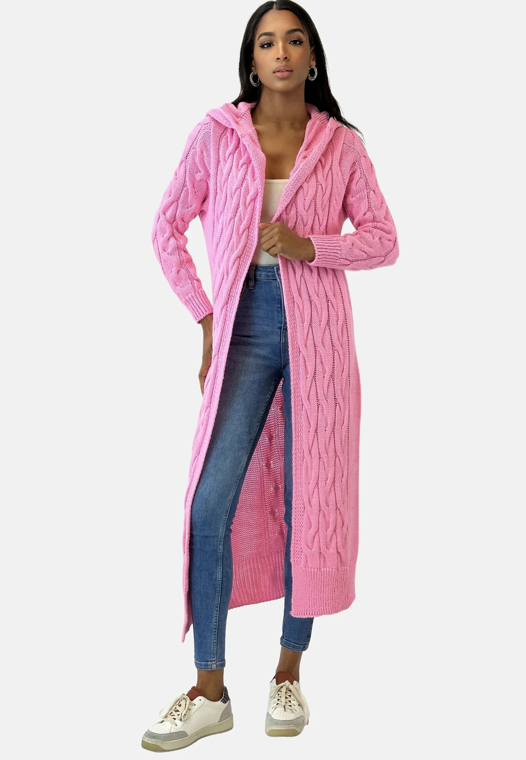 Women’s Long Hooded Knit Cardigan | Cable Knit & Cotton Blend | Open Front | Comfortable Warmth