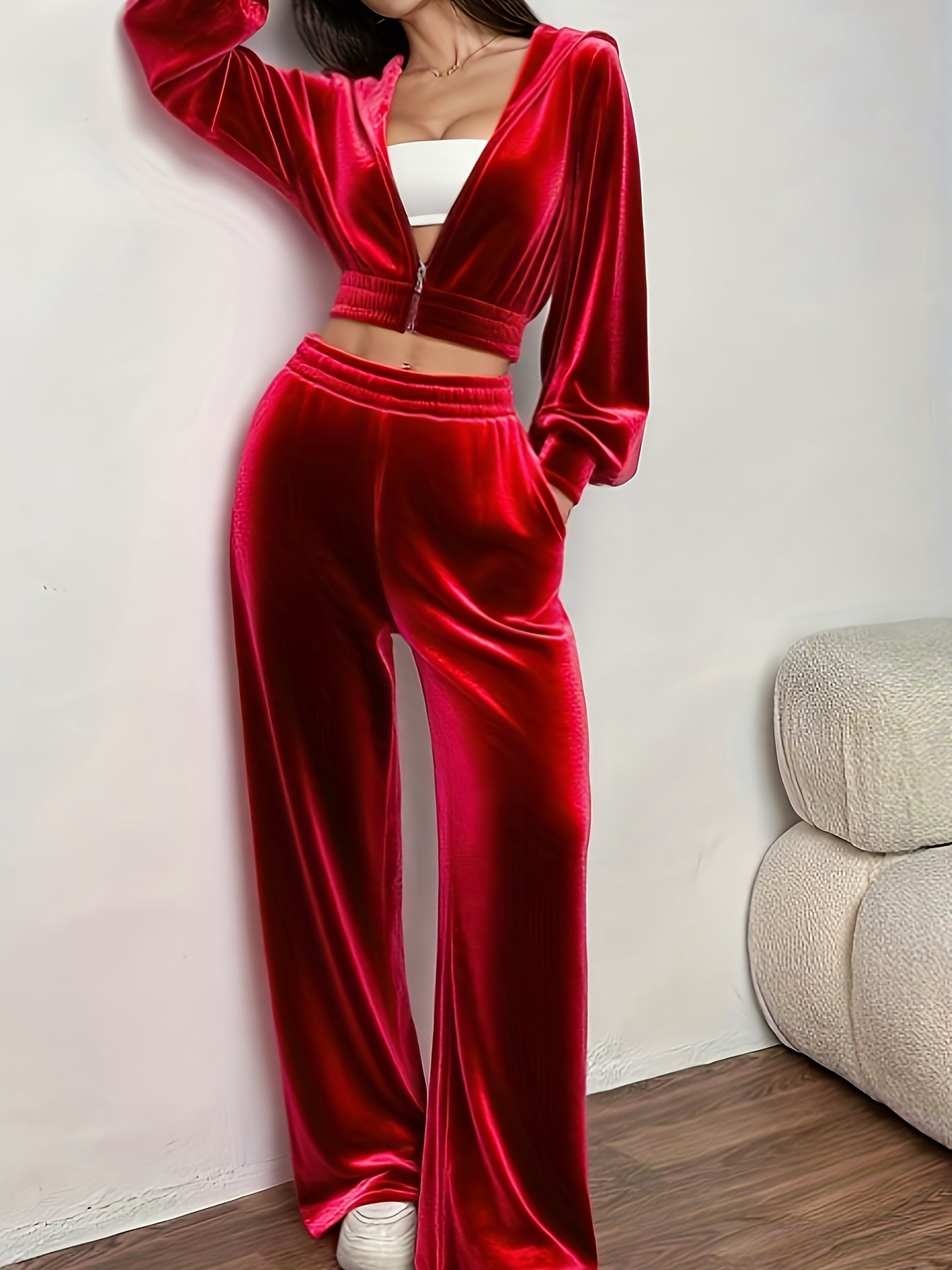 Velvet Lounge Set | Cropped Zip Hoodie | Comfortable Relaxed Fit | Plush Velvet