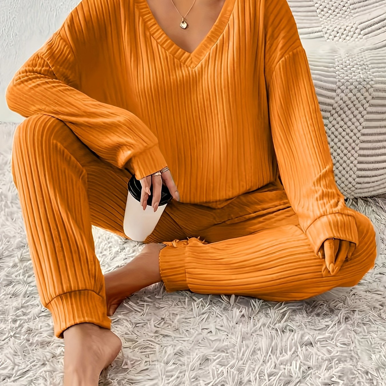 Women’s Knit Jumpsuit | V-Neck Long Sleeve | Cozy Fall Winter Wear | Polyester