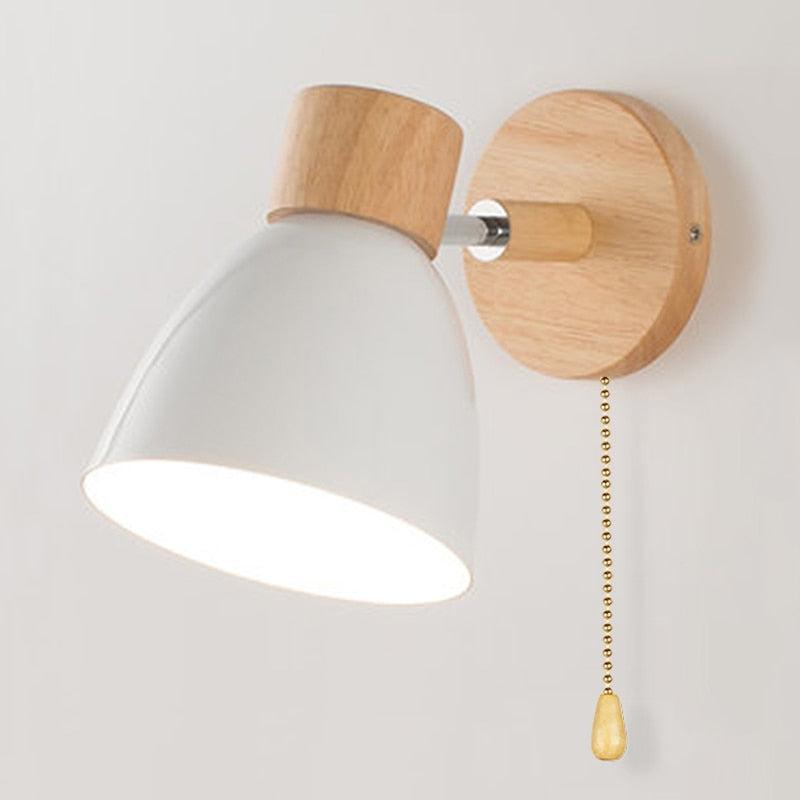 Wall Lamp | Scandinavian Wooden Shade | Metal Construction & Pull Switch | Space-Saving Design