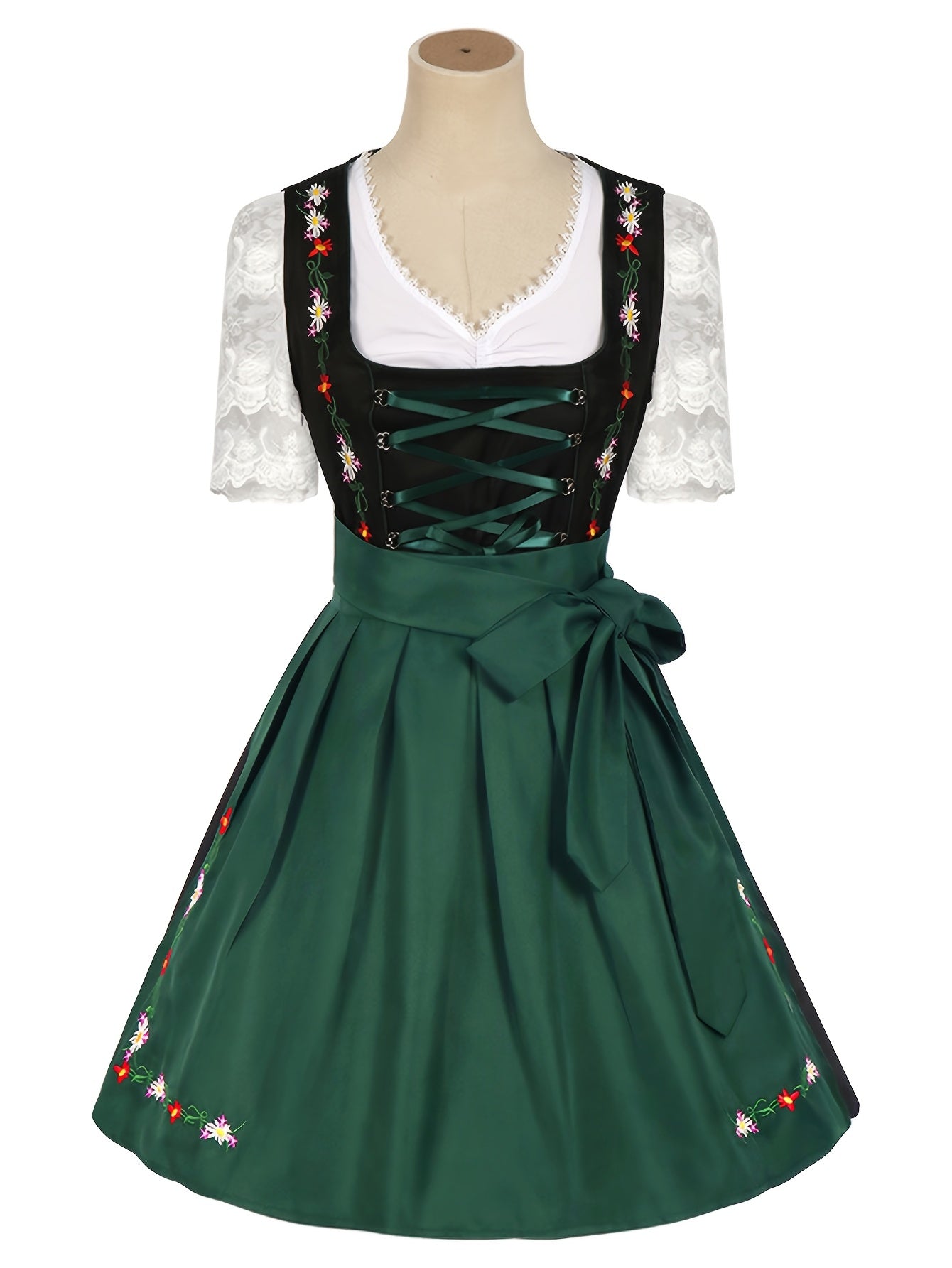 Women's Oktoberfest Dirndl Dress with Lace Blouse – Green Satin