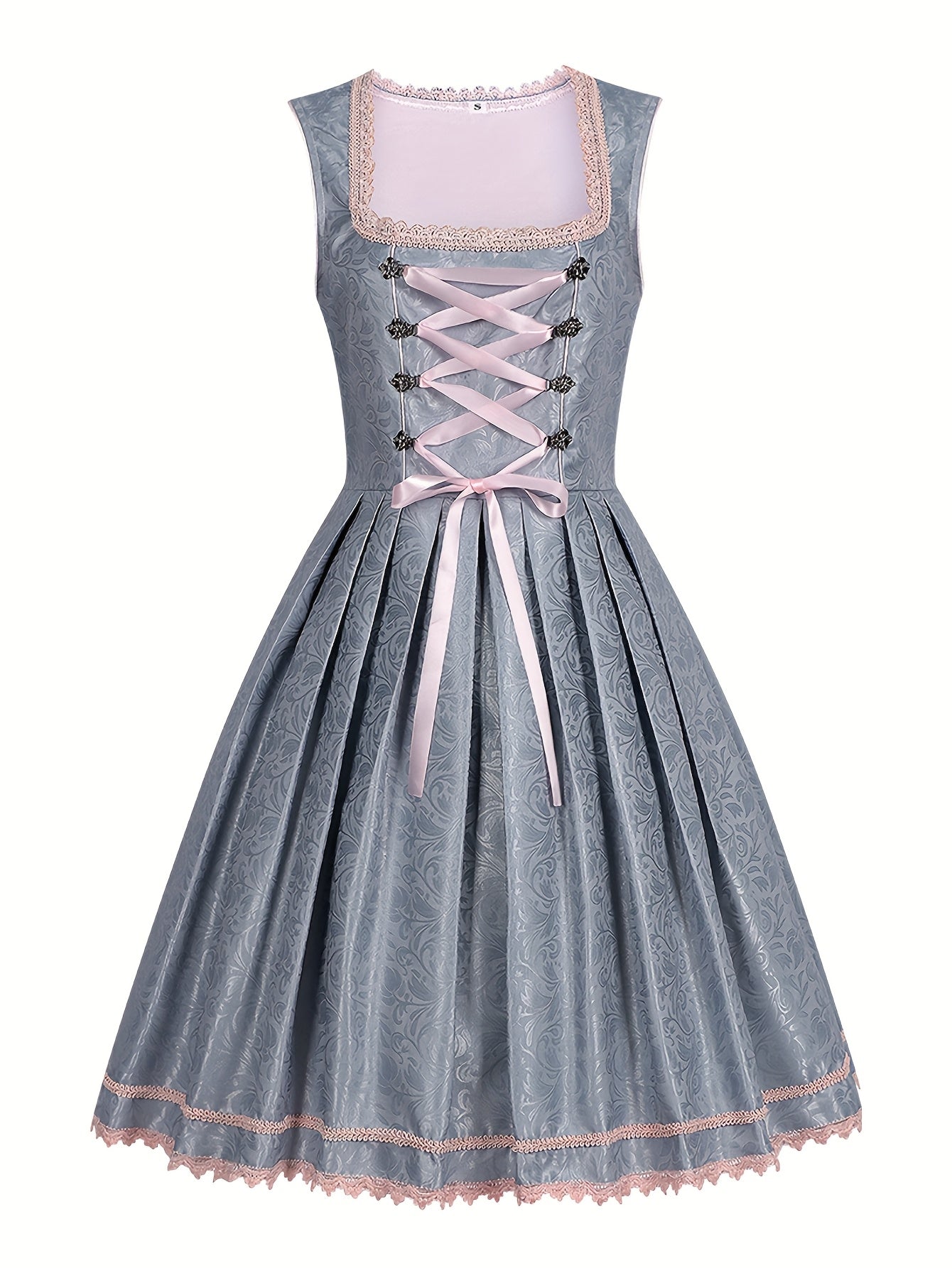 Women's Oktoberfest Midi Dress with Apron and Floral Lace Embroidery