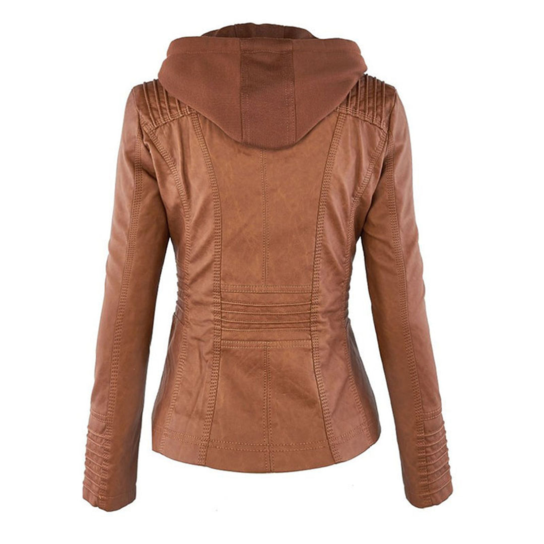 Women’s Weatherproof Leather Jacket | Detachable Hood & Zip Closure | Durable Polyester Fiber | Comfortable Fit