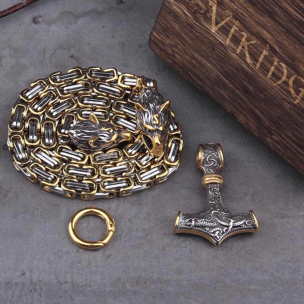 Unisex Necklace & Bracelet | Double Wolf Head & Thor’s Hammer Pendant | Stainless Steel | Adjustable Length 24 to 36 Inches