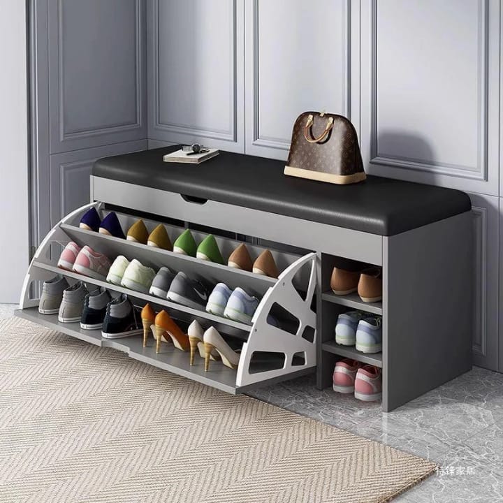 3-Tier Fold-Out Shoe Cabinet | Integrated Padded Bench Seat | Foldable Design | Space-Saving Storage