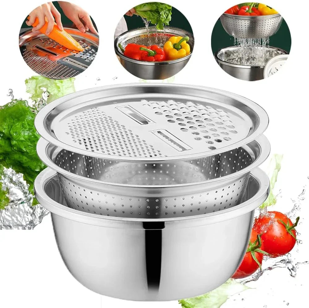 3-in-1 Grater, Sieve, and Stainless Steel Mixing Bowls Set