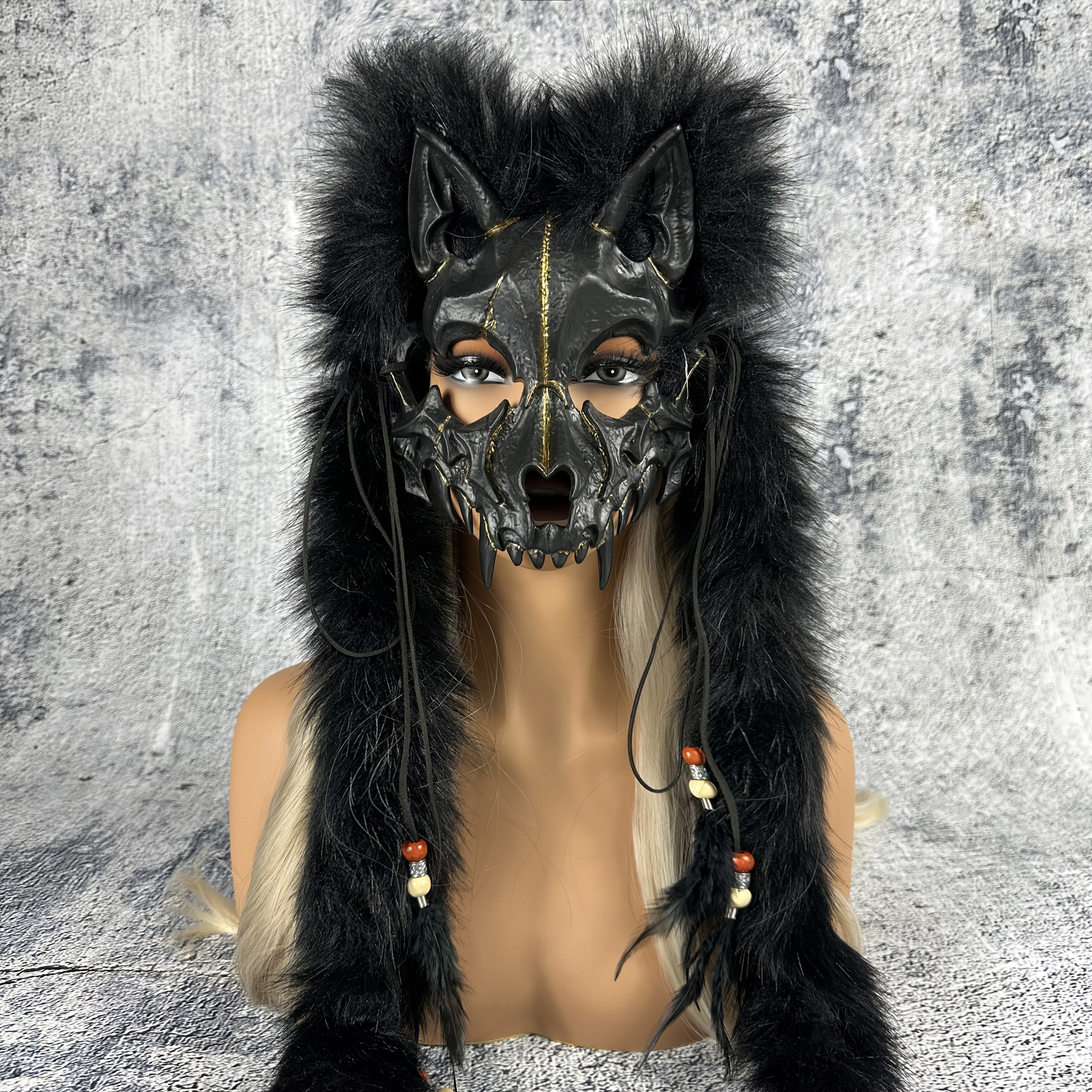 Viking Warrior Werewolf Halloween Mask with Realistic Faux Fur Headpiece