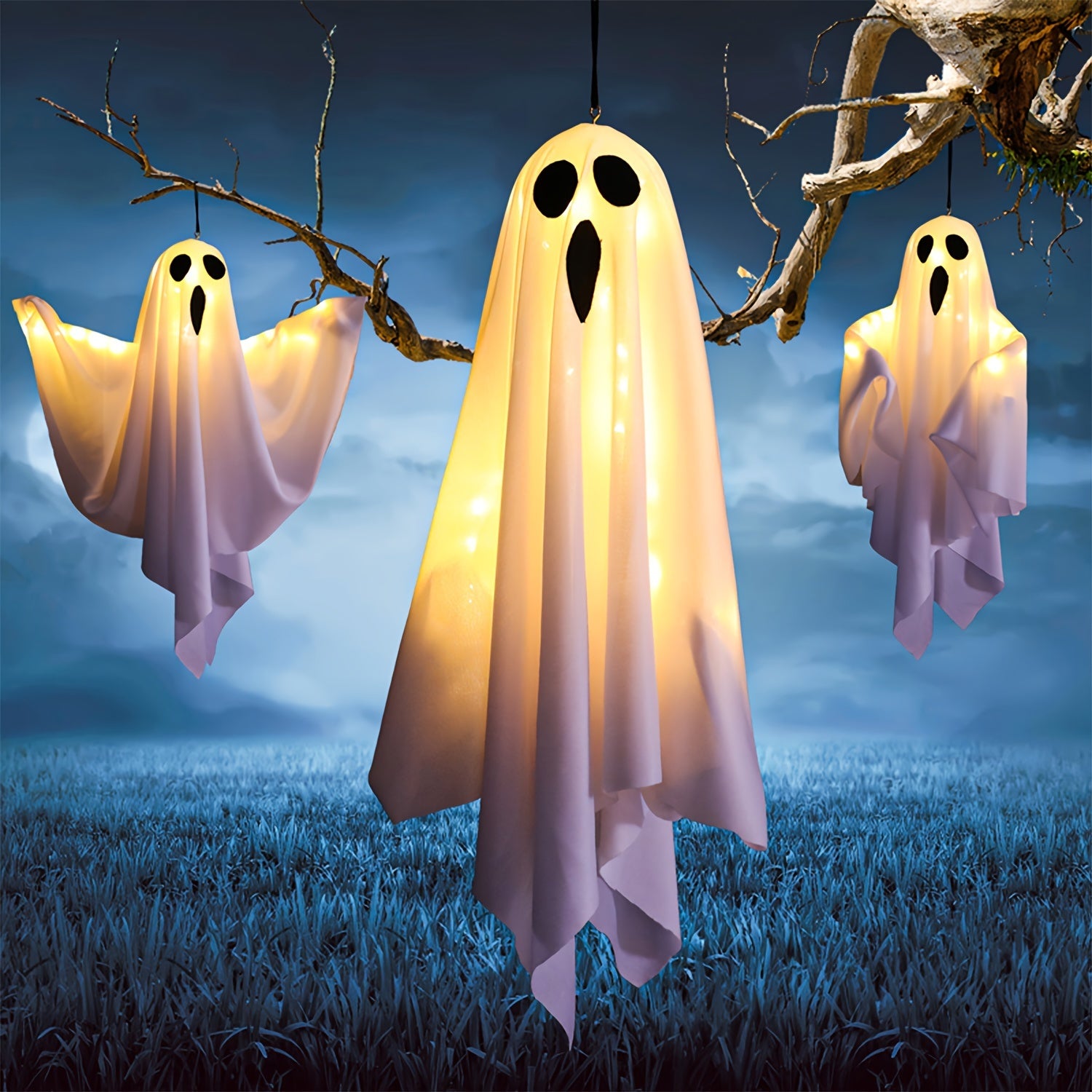 Glowing LED Halloween Hanging Ghosts Battery Operated Decor Set of 3