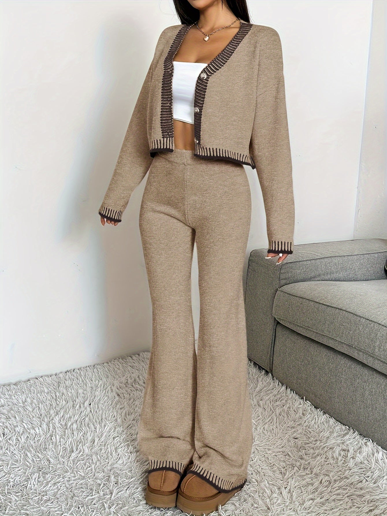 Women’s Knit Set | V-Neck Cardigan | Soft Breathable Comfort | Acrylic