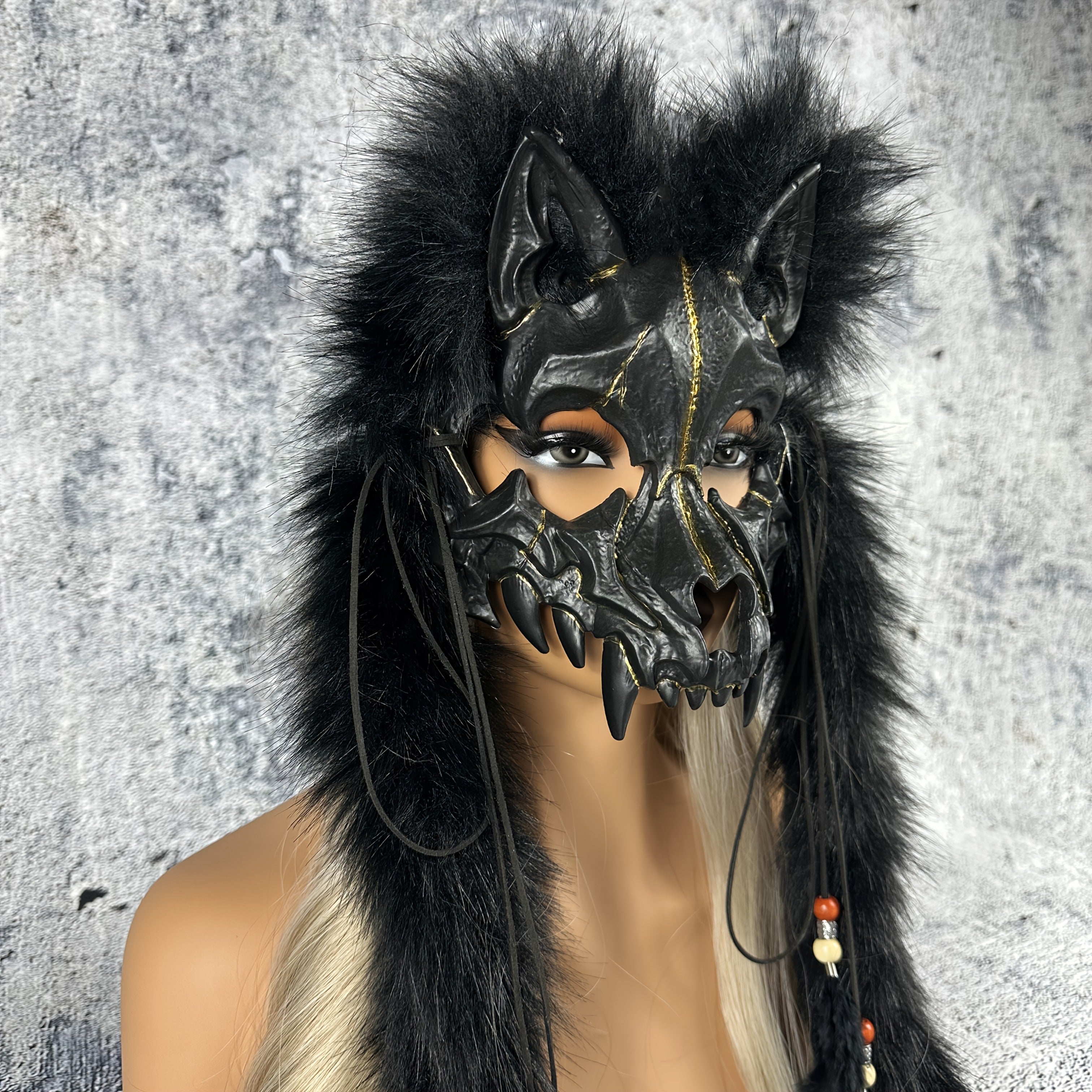 Viking Warrior Werewolf Halloween Mask with Realistic Faux Fur Headpiece