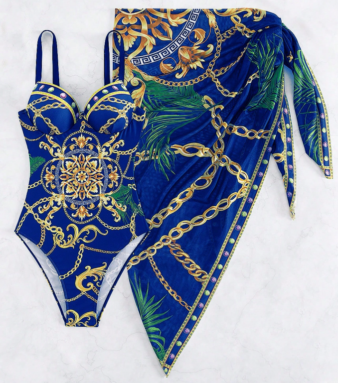 Women’s One-Piece Swimsuit | Built-In Push-Up Bra | Matching Beach Skirt | Elegant Design