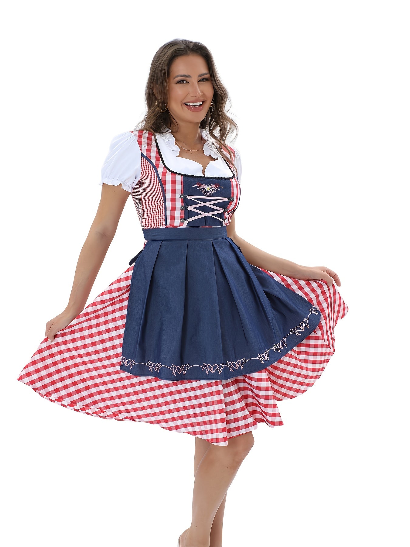 Women's Oktoberfest Dirndl Dress with Traditional Plaid and Embroidery