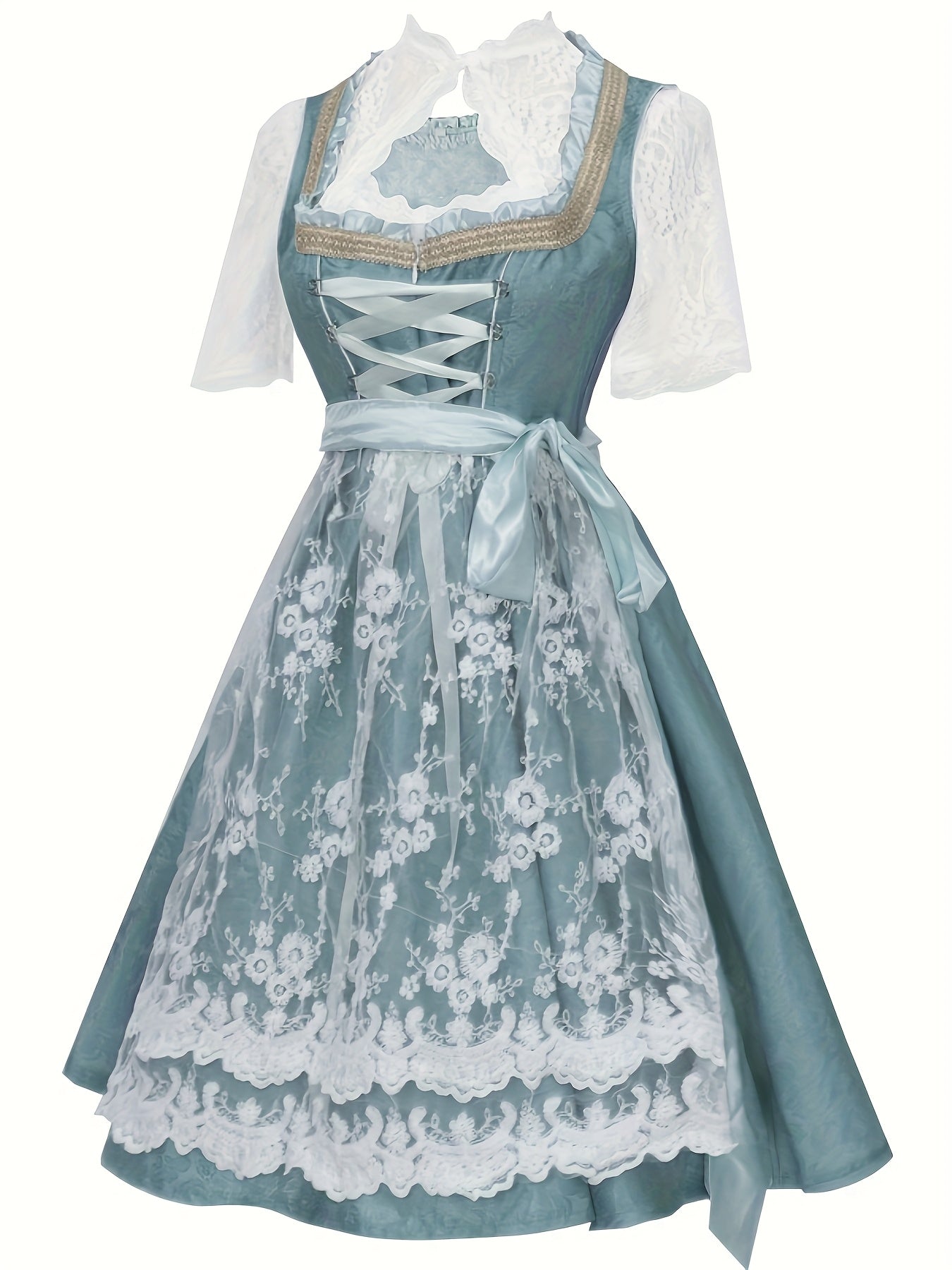 Women's Bavarian Dirndl Dress with Lace Apron for Oktoberfest Celebration