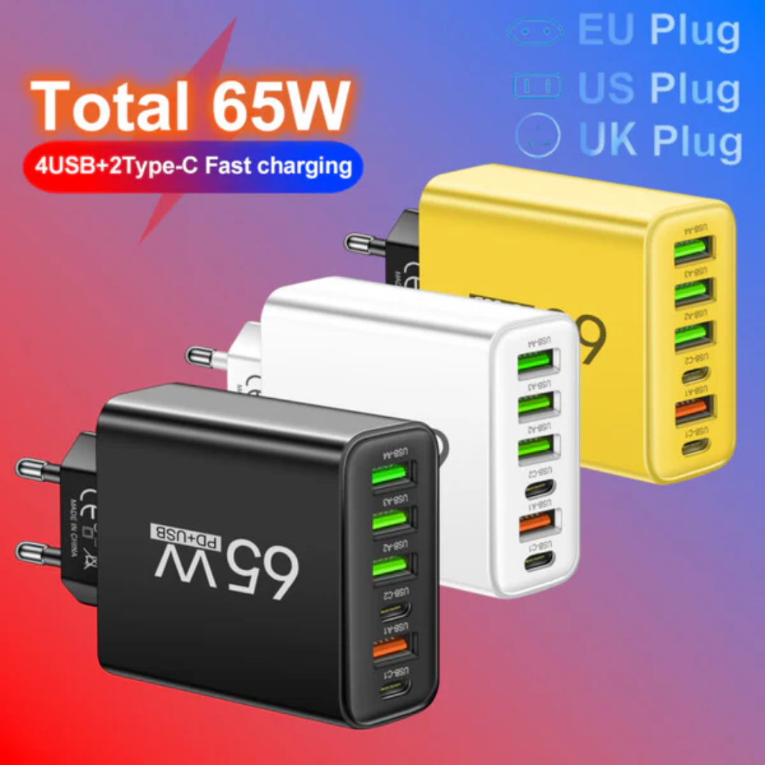65W Multi-Port Fast Charging Hub – 6-in-1 Charger