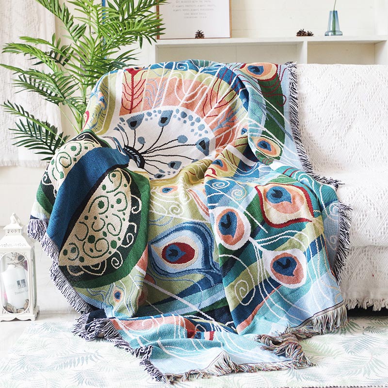 Reversible Peacock Print Blanket with Fringes