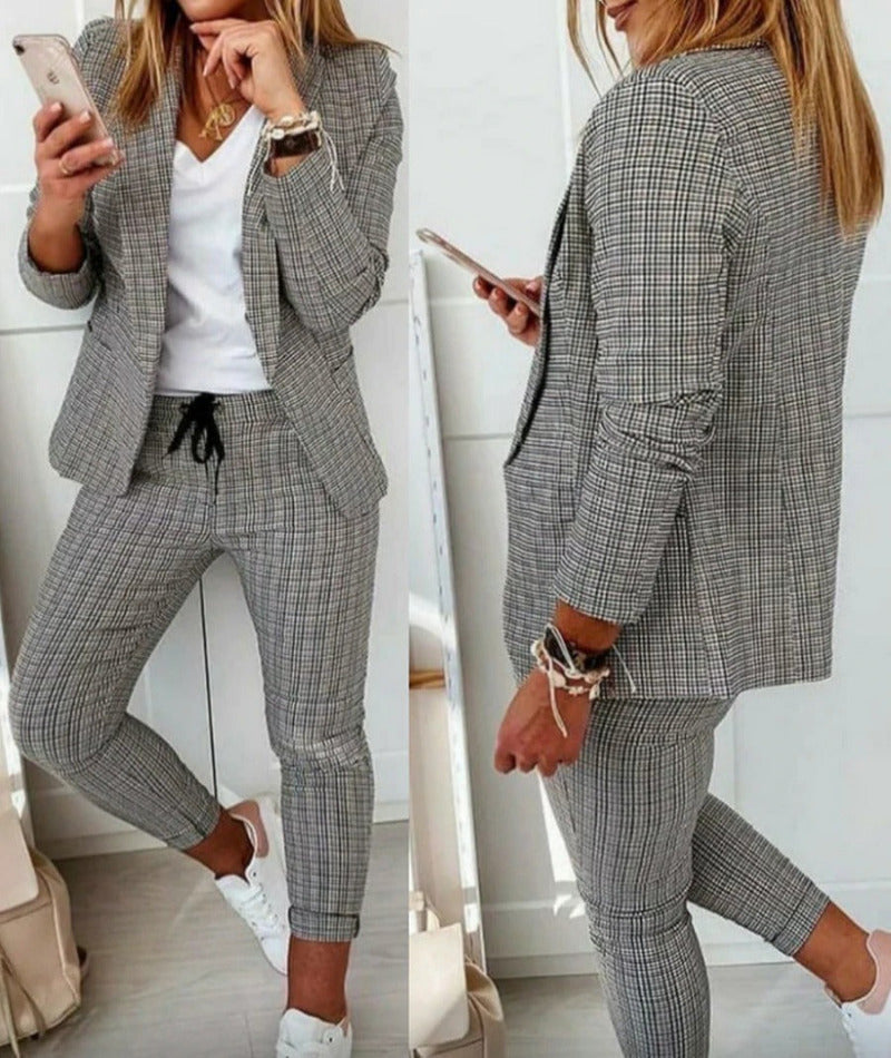 Women’s Two-Piece Suit Set | Modern Tailored Blazer & Drawstring Waist Trousers | Comfortable Fit | Versatile Casual Wear
