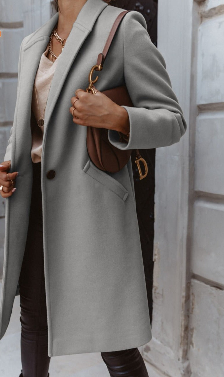 Women’s Knee-Length Coat | Notch Lapel & Single Button Closure | Durable Polyester | Autumn Winter Wear