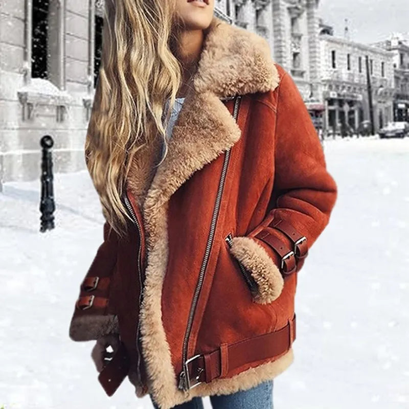 Women’s Suede Shearling Bomber Jacket | Premium Suede Sheepskin & Shearling Lining | Waist Belt & Pockets | Wind-Resistant Warmth