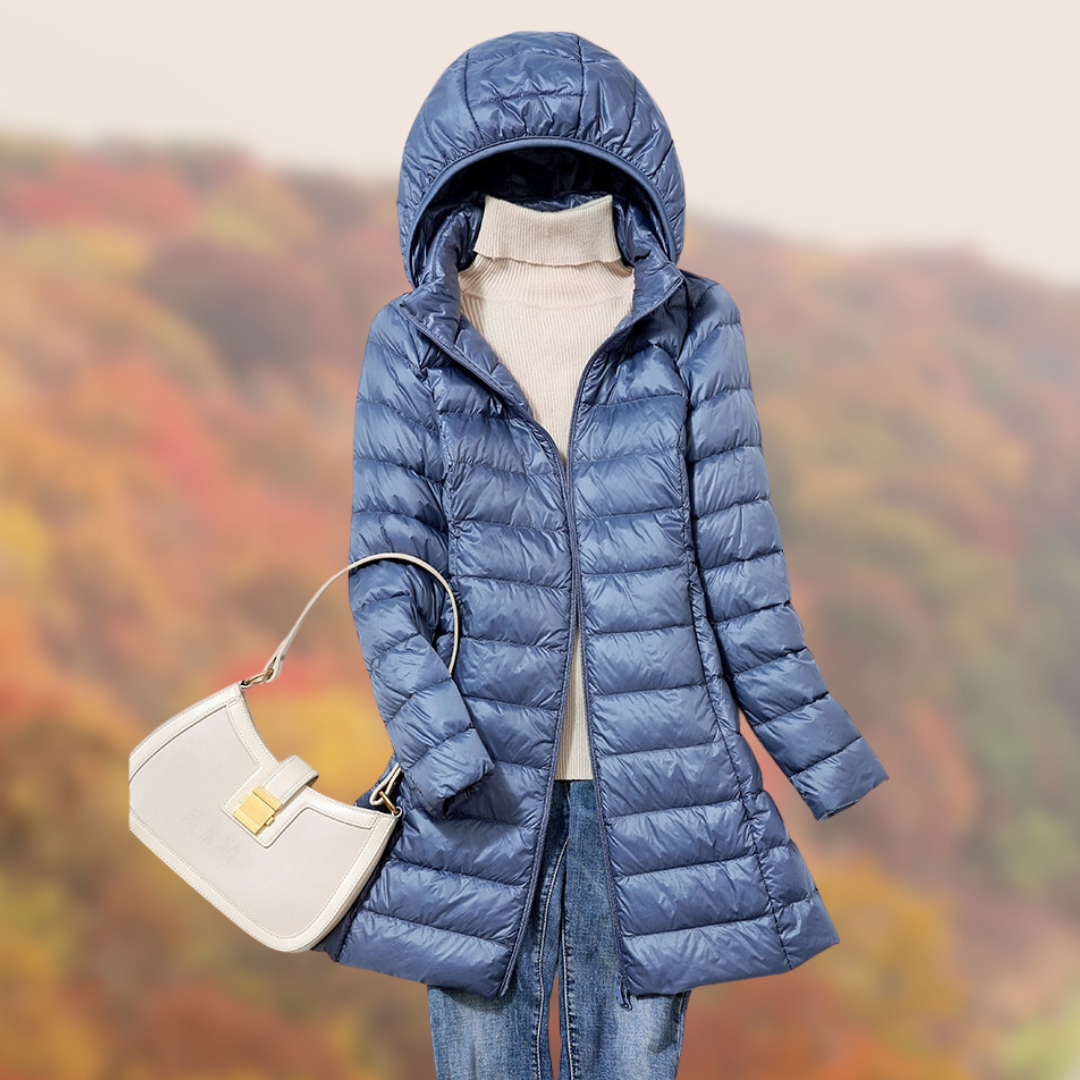 Women’s Hooded Down Coat | Ultralight Down Insulation | Longline Quilted Design | Transitional Weather
