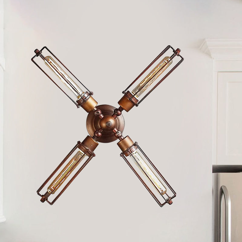 1/2/4-Light Industrial Bronze Wrought Iron Tube Shape Cage Wall Sconce Lighting for Dining Table