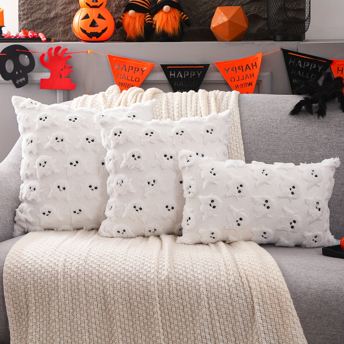 Halloween Embroidered Pumpkin & Ghost Decorative Pillowcase