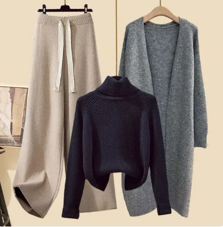 Women’s Three-Piece Knit Lounge Set | Wide-Leg Drawstring Pants & Cropped Turtleneck | Long Cardigan | Comfortable Fit