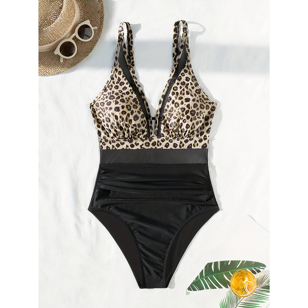 Women's One-Piece Swimsuit | Leopard Print & Mesh Waist Panel | Comfortable Fit