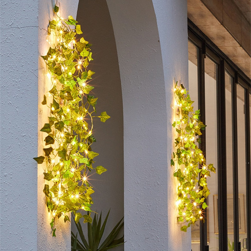 Battery Operated Garden Vine LED String Lights with Artificial Leaf Garland - Ivy, Watermelon, Green Dill, Two Color Ivy Vines - Warm White LED, Indoor/Outdoor, 2M-10M Lengths