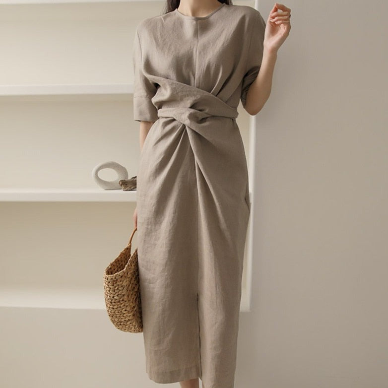 Women's Linen Midi Dress | Front Knot Wrap Design | Soft Cotton Fabric | Comfortable Fit