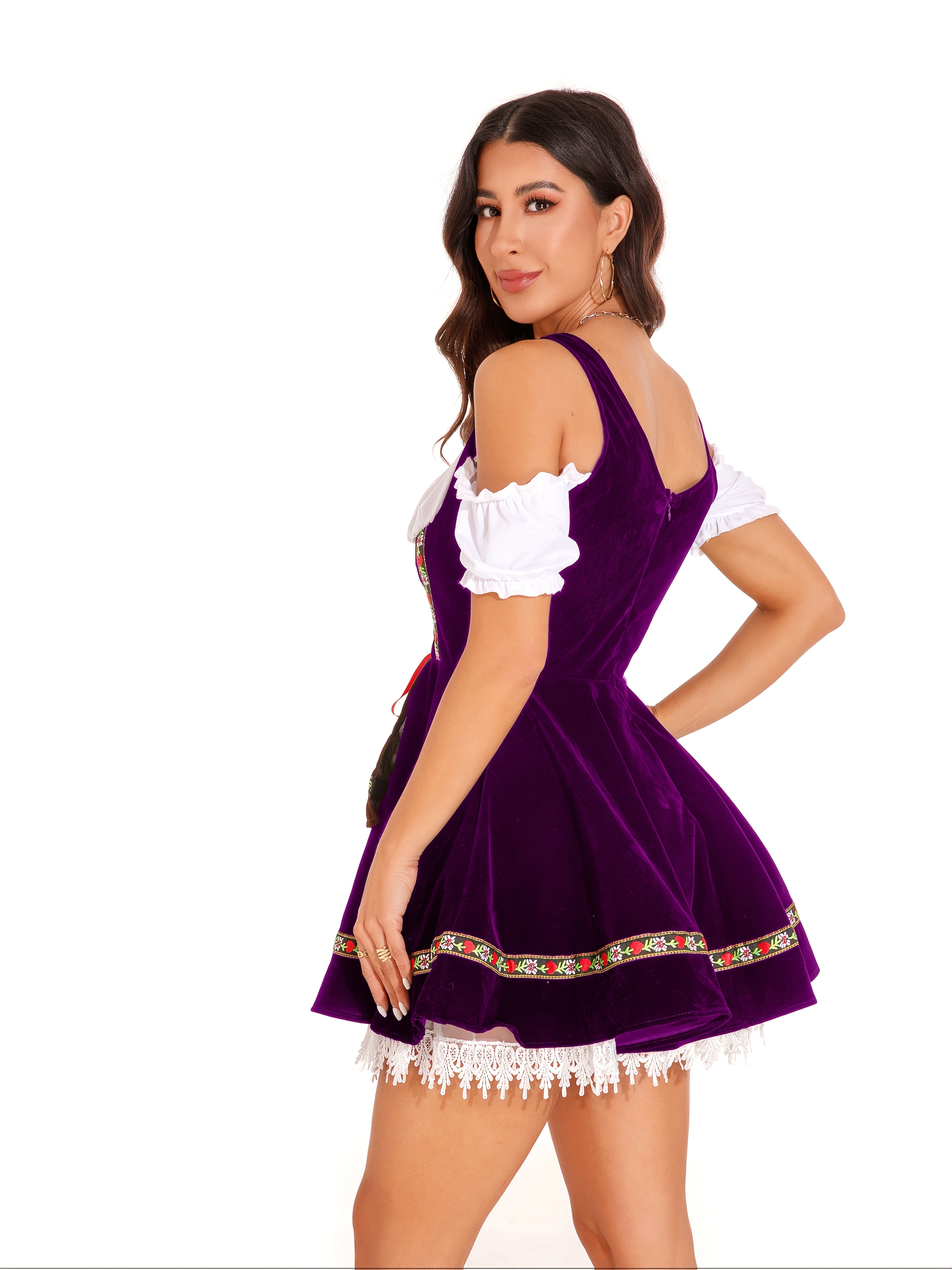 Women's Oktoberfest Dirndl Dress with Floral Trim and Red Ribbon Corset
