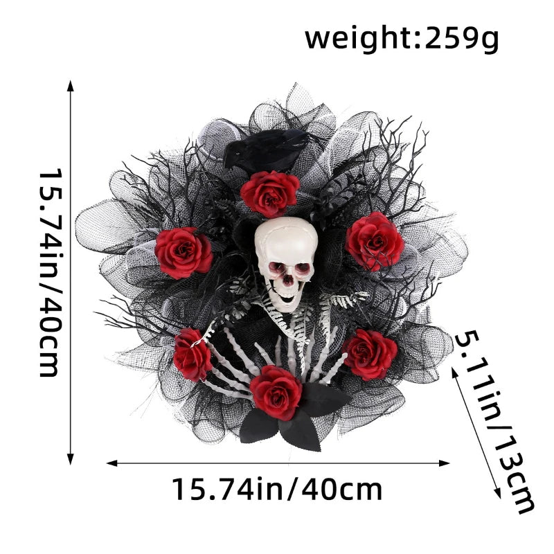 Skull and Red Rose Halloween Wreath for Front Door Decoration