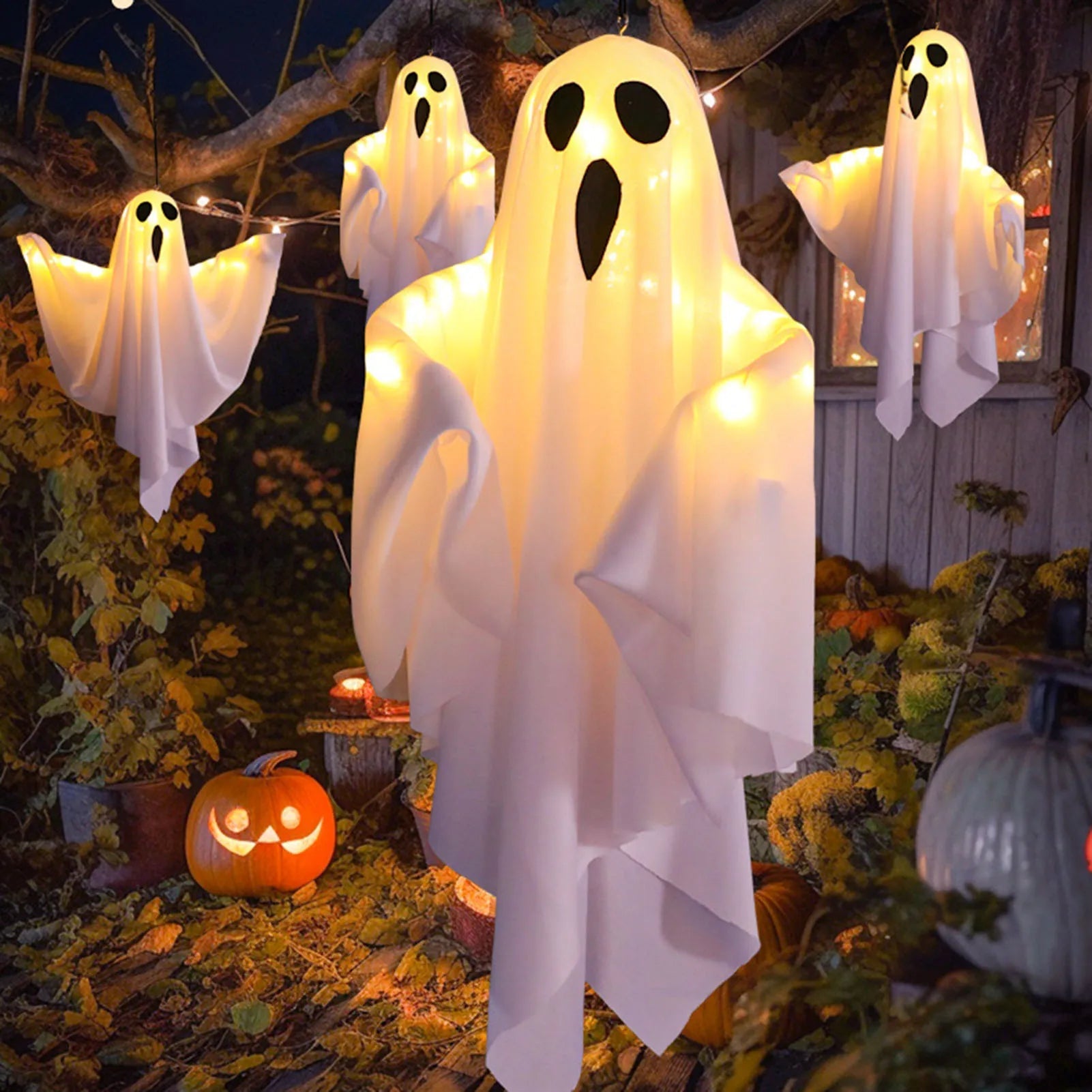 Illuminated Ghost Decoration for Halloween Hanging Display