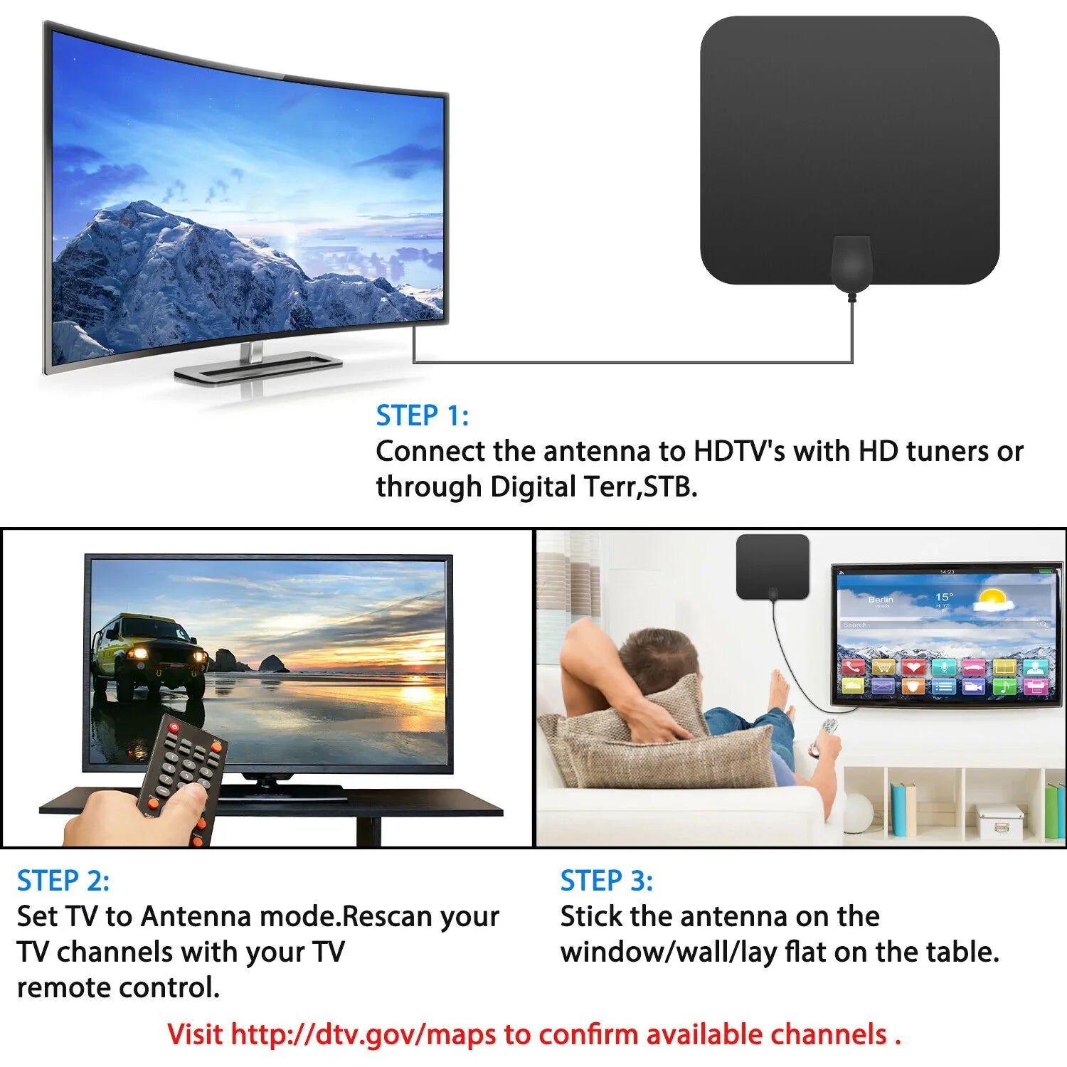 Indoor Digital HDTV Antenna with Signal Booster – 300 Mile Range