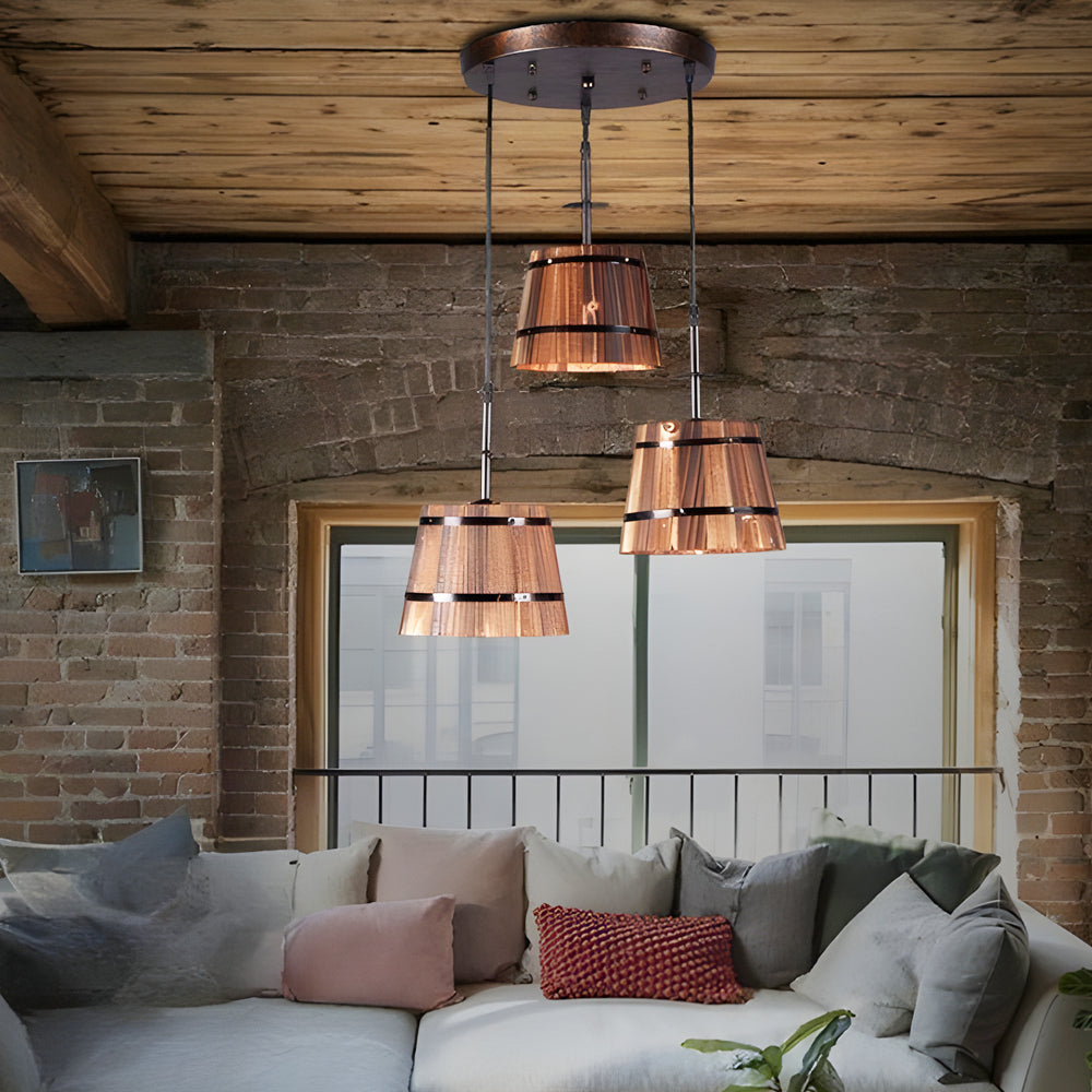 1/3-Light Rustic Wood Bucket Shade Pendant Lighting for Taavita Bar