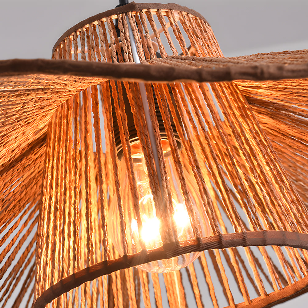 1-Light Double Layer Hemp Rope Weaving Pendant Light Umbrella Kitchen Ceiling Lighting