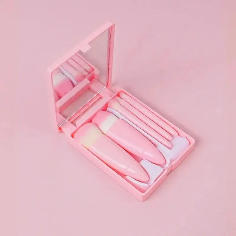 Compact Cosmetic Brush Collection with Integrated Mirror