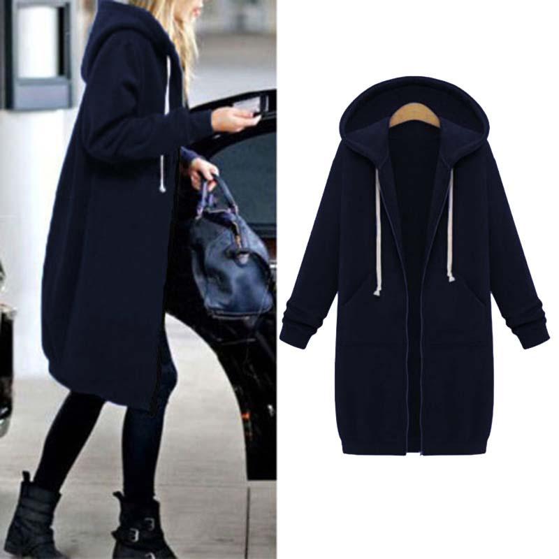 Longline Hooded Sweatshirt Coat | Zipper & Pockets | Polyester Fabric | Winter Warmth