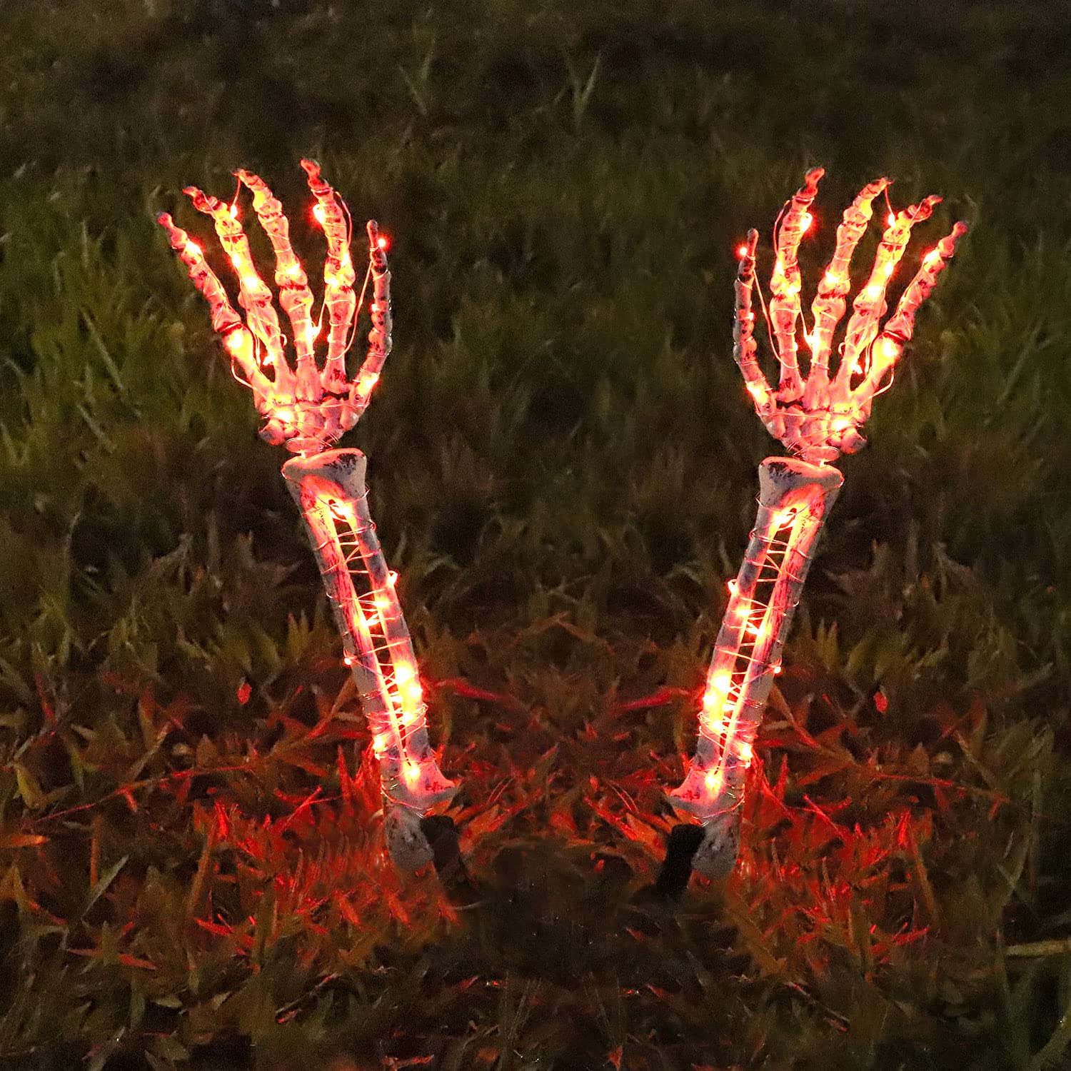 Glowing Halloween Skeleton Arm Stakes with Orange LED Lights